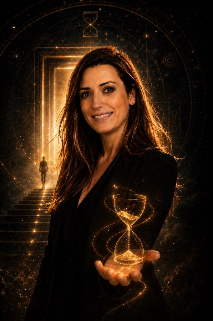 Portrait d'Ariane, sablier de lumière et portail mystique